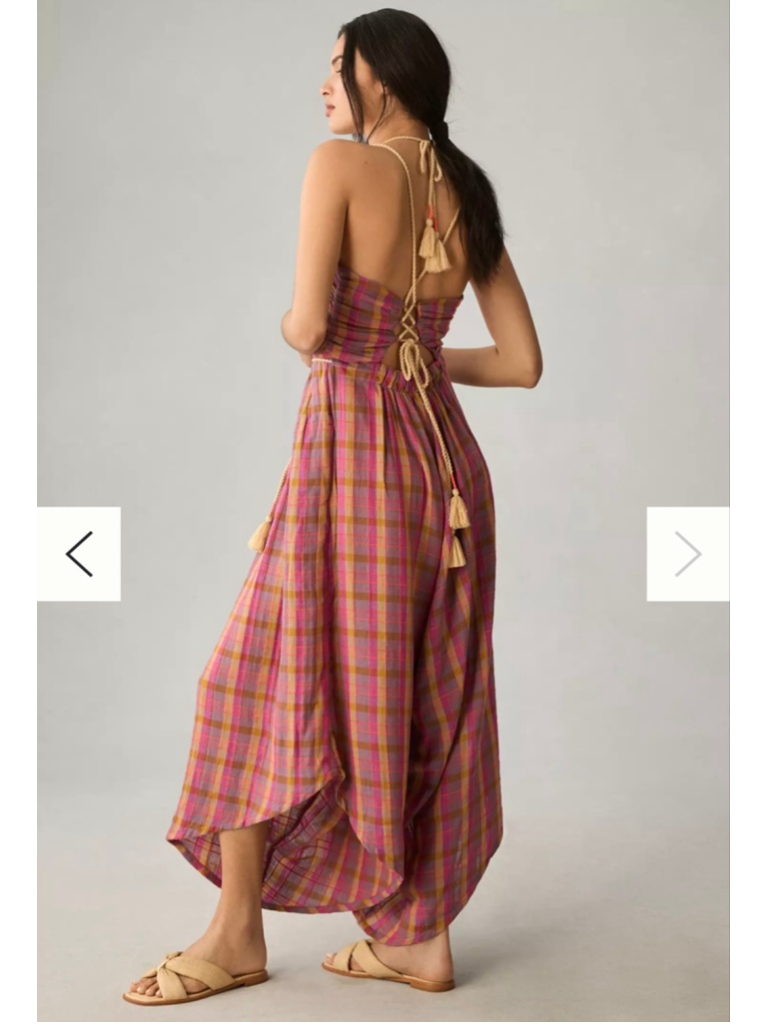 By Anthropologie Printed Harem Jumpsuit Boho Resort Coastal Plaid